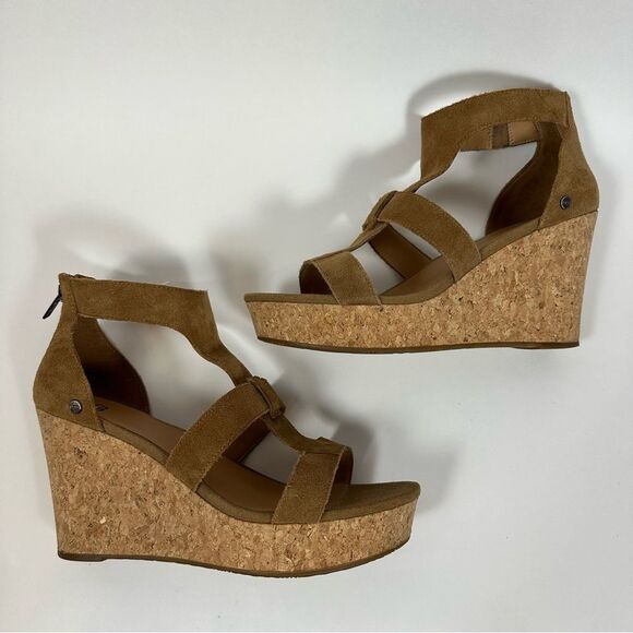 UGG Women’s Whitney Cork Wedge Platform Sandals in Chestnut Suede Size 9.5 - Picture 4 of 15